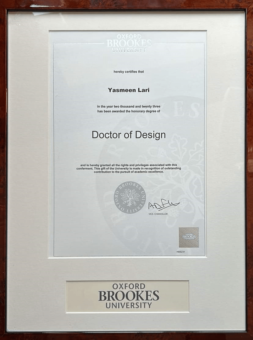 Ar. Yasmeen Lari was awarded an honorary degree (Doctor of Design) by Oxford Brookes University, Oxford, UK